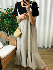 Cropped Loose Ramie Cotton Spaghetti-neck Midi Dresses