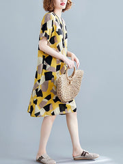 Casual Ramie Cotton Printed Midi Dress