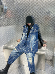 Women Denim Vest Harem Pants Two-Piece Suit