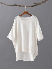 Solid Color Loose High-Low Round Neck Splicing T-Shirt
