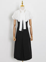 Original V-Neck Ribbon Tops&Empire Slim Fit U-Skirt