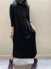 Women Retro Loose Casual Solid Color Dress