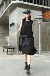 Round Neck Sleeveless Large Pockets Dress