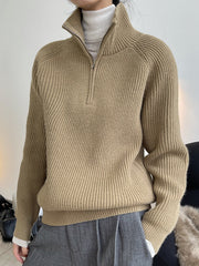 Women Retro Zipper Stand Collar Pullover Sweater