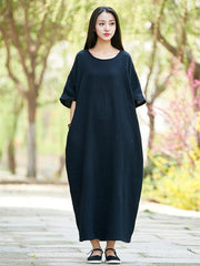 Black Soft Split-joint Ramie Cotton Long Dress