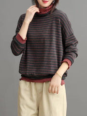 Vintage False-two Split-joint High-neck Striped Sweater