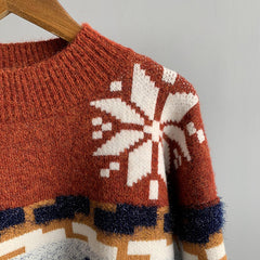 Women Retro Round Neck Loose Pullover Sweater