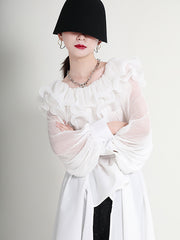 Ruffled Pleated Chiffon Stitching Lantern Sleeves Blouses Shirts Top