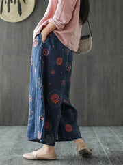 Vintage Loose Print Elastic Waist Wide-Leg Pants