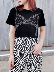 Women Letter Print Hollow Loose High Waist T-Shirt