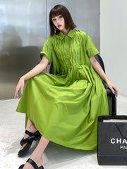 Original Roomy Pure Color Pleated Midi Shirt Dress