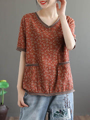 Vintage Floral Loose V-Neck T-Shirt