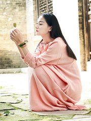 Pink Long Sleeves Ramie Cotton Long Dress
