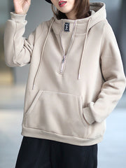 Zipper Solid Hooded Thick Sweatshirt