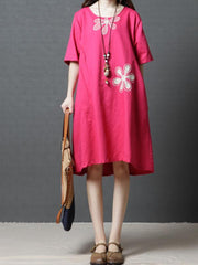 3 Colors Comfortable Round-neck Ramie Cotton Short Dress