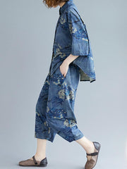 Loose Printed Blouse + Harem Pants Suit