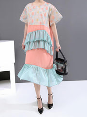 Loose Contrast Color Falbala Round Neck Dress