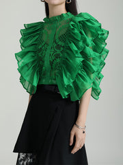 Flying Sleeves Gauze See-Through Split-Joint Round-Neck Blouses&Shirts Tops