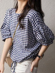 Retro Check Print Bat Sleeve Loose Shirt