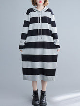 Loose Striped Hooded Knitted Midi Dress