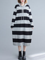 Loose Striped Hooded Knitted Midi Dress
