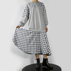 Loose Color-Block Plaid Midi Dress