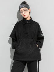 Cool Black Solid Splicing Thicken Sweatshirt