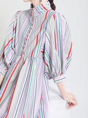 Women Japanese Retro Color Matching Striped Puff Sleeve Dress