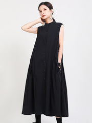 Original Solid Sleeveless Stand Collar Shirt Dress