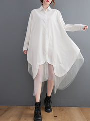 Large Size Loose Fake Two Irregular Stitching Mesh Shirt Dress