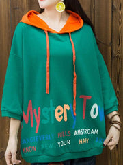 Loose Lettered Print Contrast Color Nine-Point Sleeve Hoodie