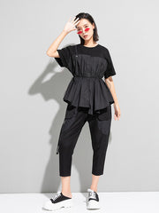 Loose Short Sleeves Waisted Solid T-Shirt