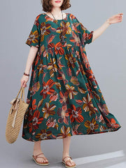Vintage Floral Round-Neck Short Sleeve Dress