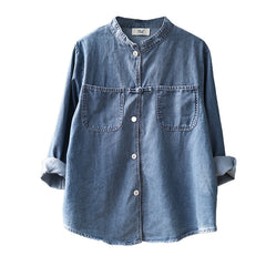 Vintage Button-Down Denim Stand-Up Collar Shirt