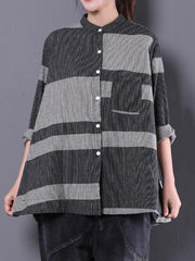 Loose Cropped Plaid Stand Collar Shirt