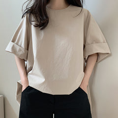 Round Neck Solid Color Stitching Pullover T-Shirt