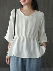 Loose Vintage Drawstring Solid T-Shirt