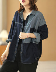 Loose Irregular Stripe Stitching Lapel Collar Blouses