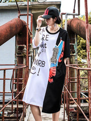 Loose Contrast Color Lettered Beaded Round Neck T-Shirt Dress