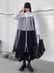 Fashion Roomy Contrast Color Mesh Split-Joint Lapel Midi Dresses