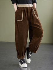 Retro Solid Color Corduroy Pants With Big Pocket