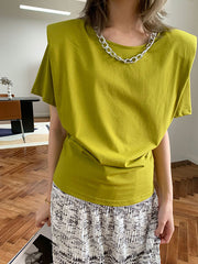 Summer Solid Shoulder Padded Short Sleeves T-Shirt