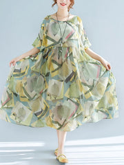 Light Green Loose Chiffon Printed Long Dress+Jumper skirt