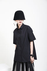 Lapel Double-Breasted Hem Drawstring Short-Sleeved Blouses Shirt Top