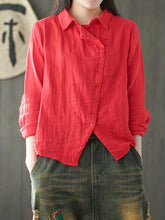 Ramie Cotton Solid Diagonal Button-design Shirt Top