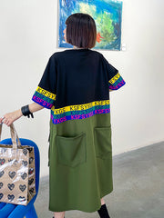 Short Sleeve Color Block Large Pockets Slim Dress