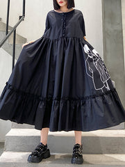 Printed Short Sleeve Loose Fitting Slim Dress