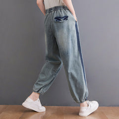 Retro Floral Embroidered Contrast Denim Casual Pants