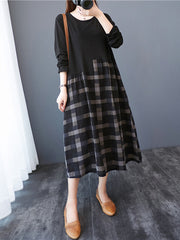 Women Retro Irregular Plaid Stitching Dress