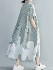 Women Lapel Stitching Plaid Loose Casual Dress